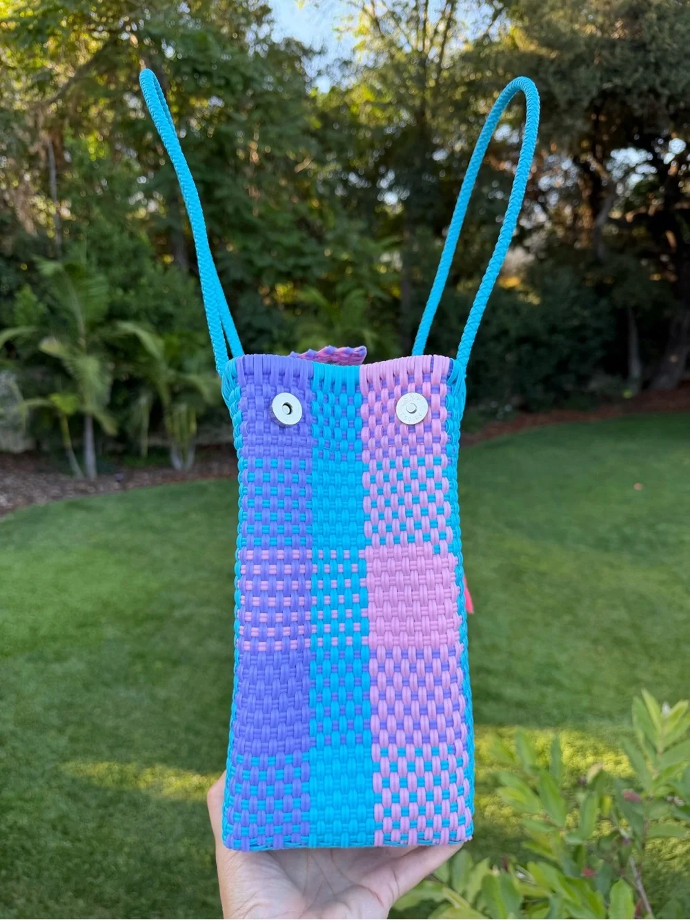 Turquoise Pink Purple Woven Tote with Tassel Charm